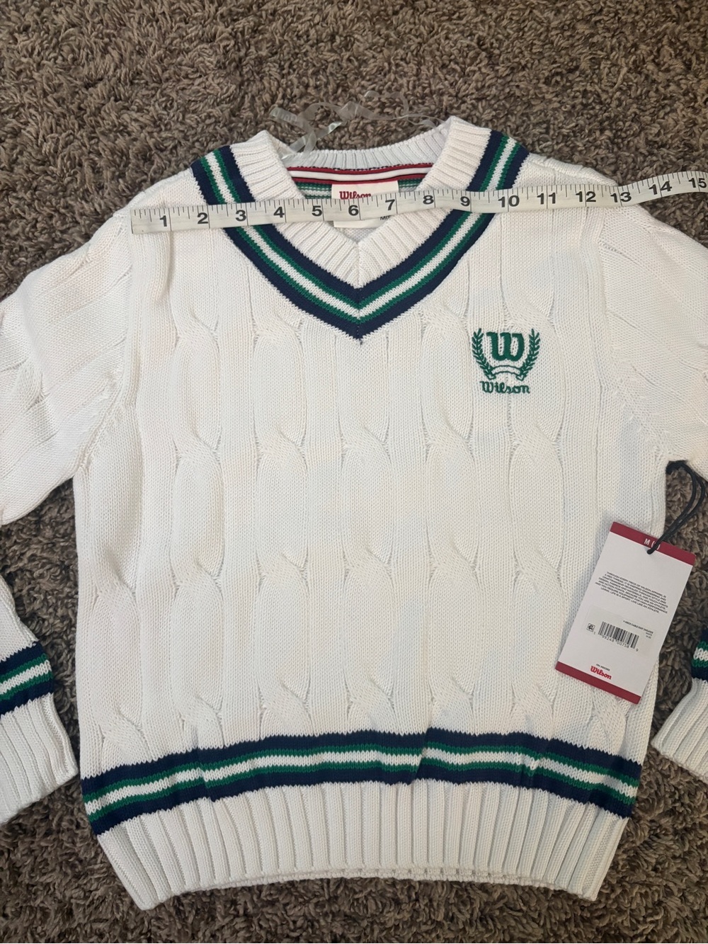 Wilson White Cable-Knit V-Neck Sweater with Green & Navy Stripes - Picture 7 of 11